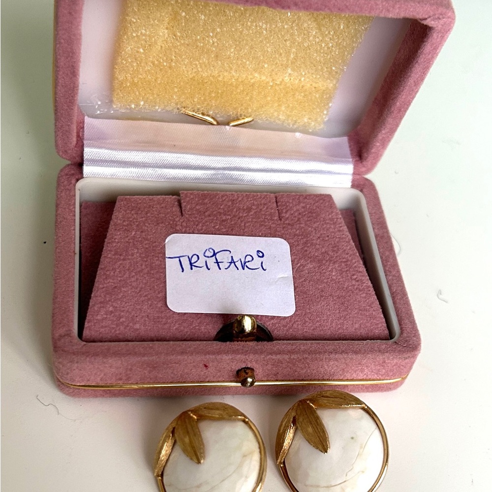 Trifari Gold and Cream Clip-On Earrings